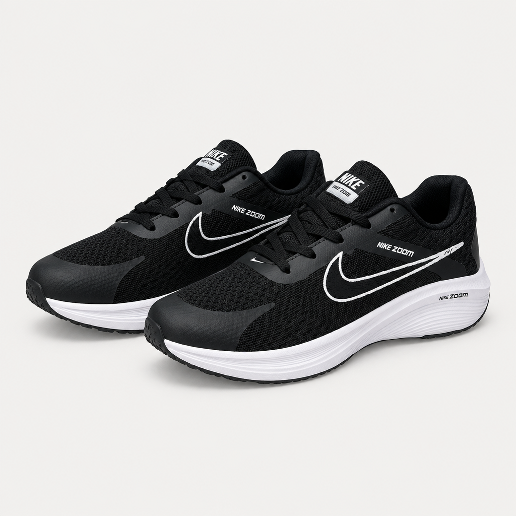 Pair of black mesh running sneakers with white side detailing and white soles