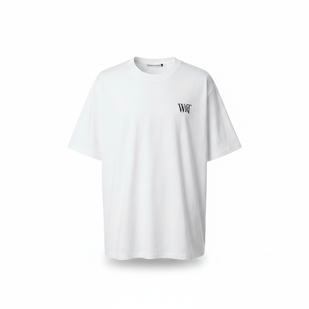 Unisex white WRT monogram alphabet graphic oversized tee – ghost mannequin front view