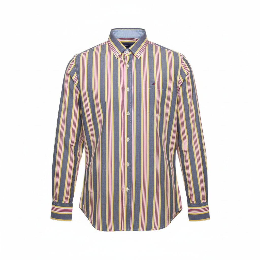 Grey Yellow Pink Striped Long-Sleeved Shirt - Ghost Mannequin