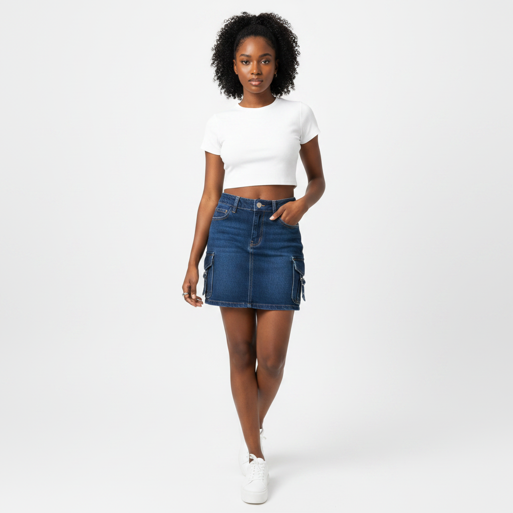 Denim cargo mini skirt front view on model