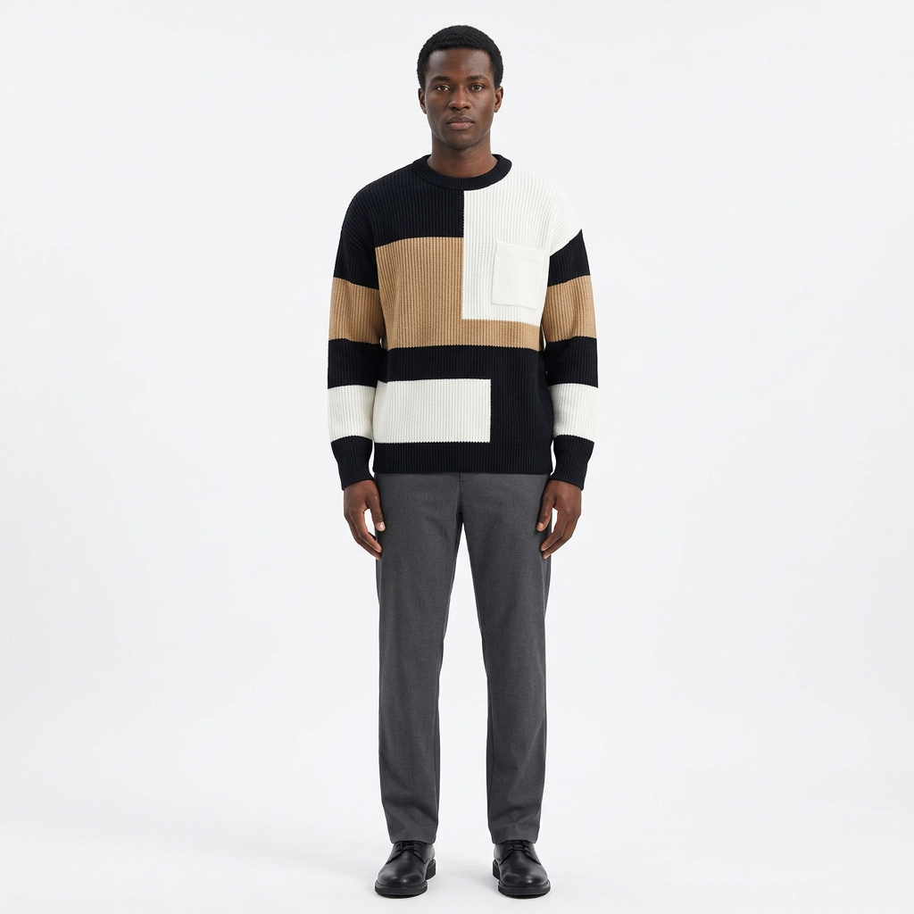 Full-body male model wearing a black tan and white colour-block knit sweater