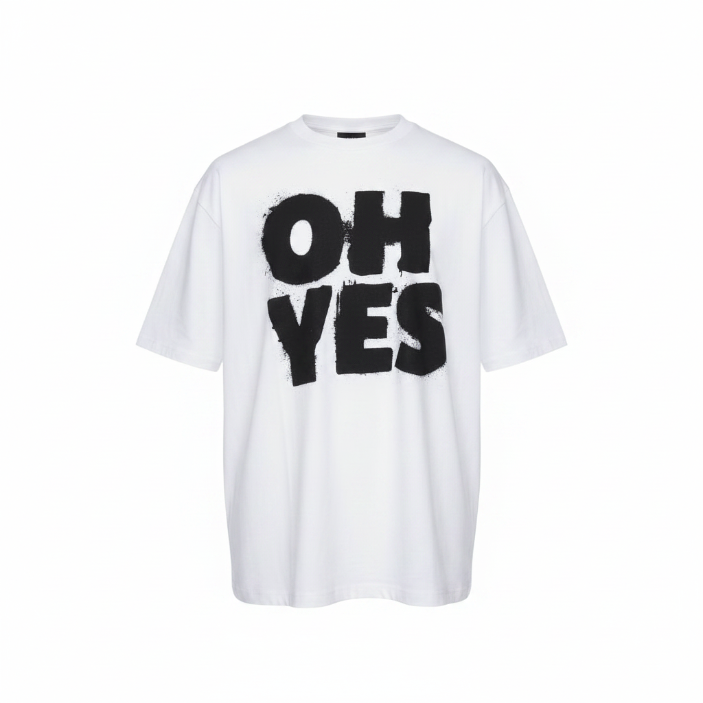 White OH YES Bold Spray Paint Text Short-Sleeved Shirt - Ghost Mannequin Front