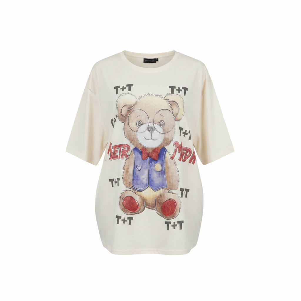 Women's cream teddy bear rhinestone oversized tee - ghost mannequin front view