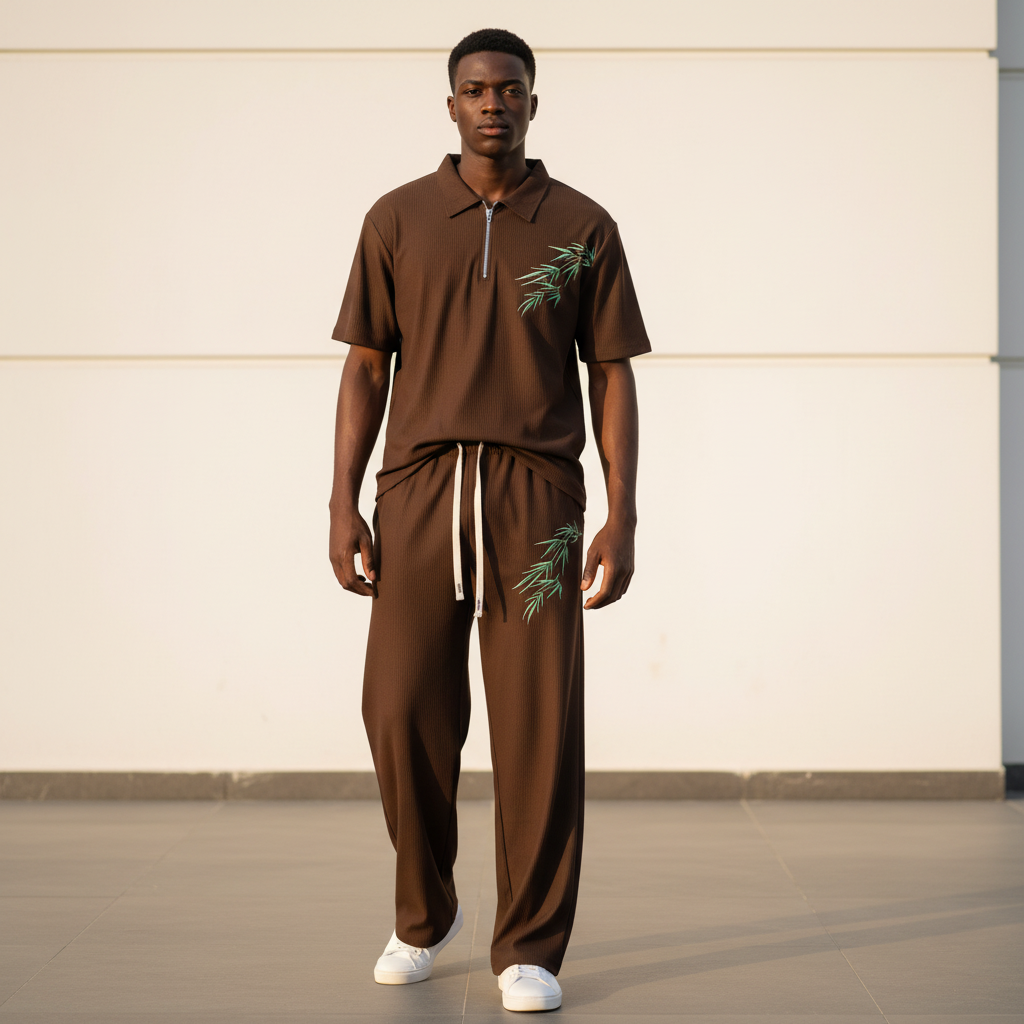 Male model wearing chocolate brown bamboo leaf ribbed polo and trouser two-piece set