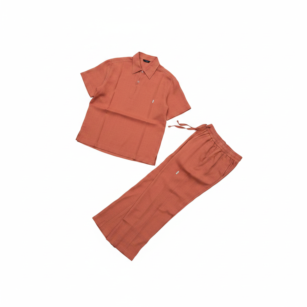 Ghost mannequin view of Unisex Terracotta Linen-Look Shirt & Wide-Leg Trousers Co-ord Set