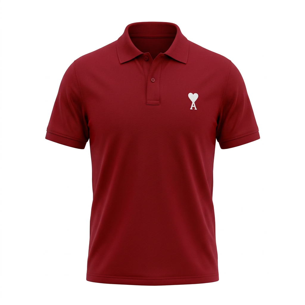 Red short-sleeve collared polo with a small white heart-and-letter chest detail