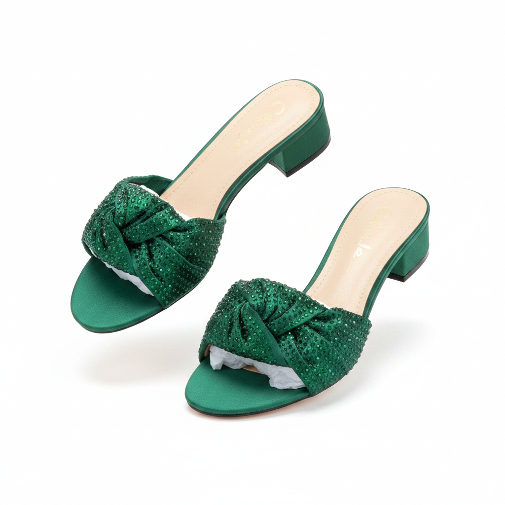 Women's Rhinestone Knotted Bow Slide Slipper - Green Ghost Mannequin