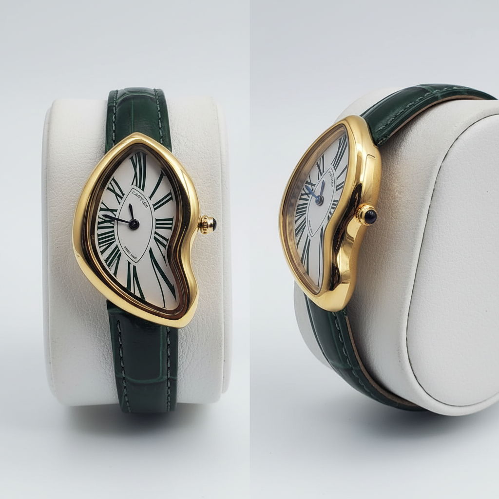 Asymmetric yellow gold watch with green Roman numerals and green strap front and side view