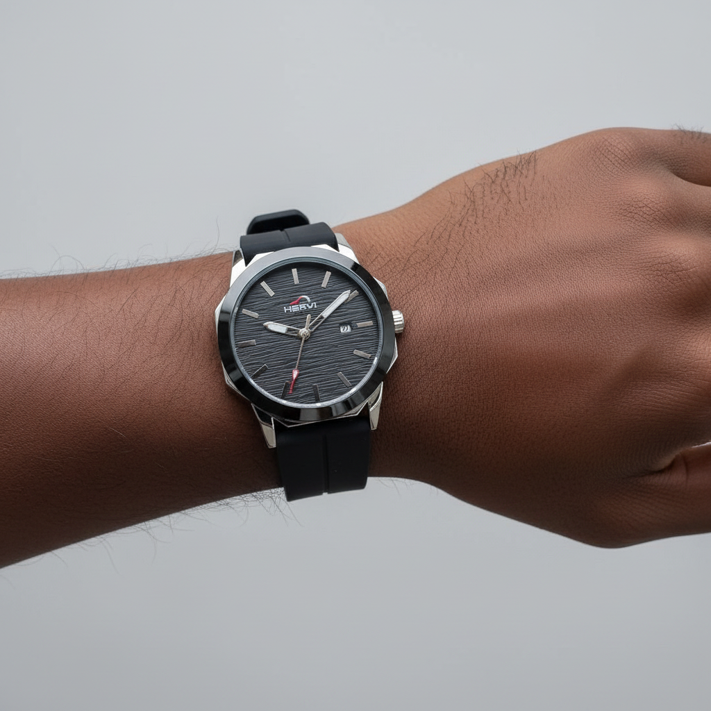 Black textured dial watch with black strap and polished silver-tone case worn on a Black man’s wrist