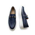 Men's navy blue croc-embossed platform loafer ghost mannequin pair — front and side view on white background