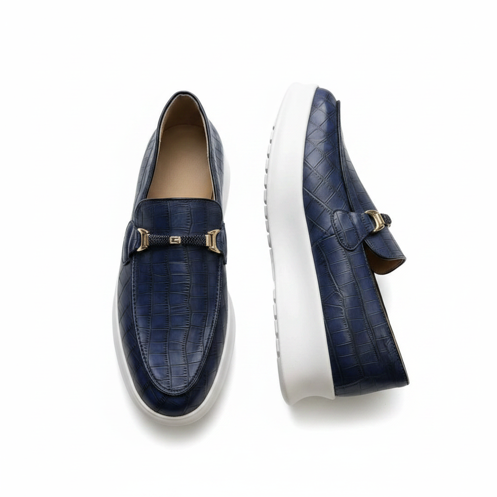 Men's navy blue croc-embossed platform loafer ghost mannequin pair — front and side view on white background