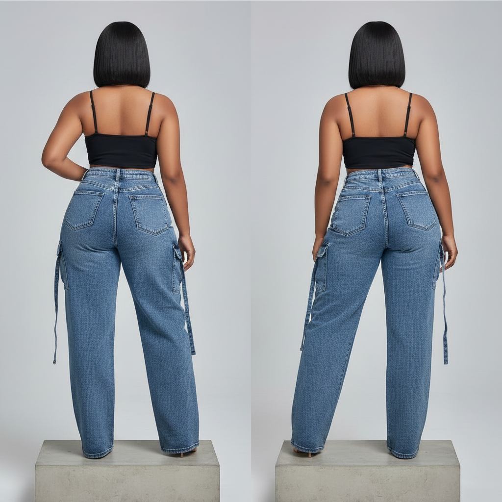 Blue Acid Wash High-Waist Wide-Leg Cargo Jeans – Model Back