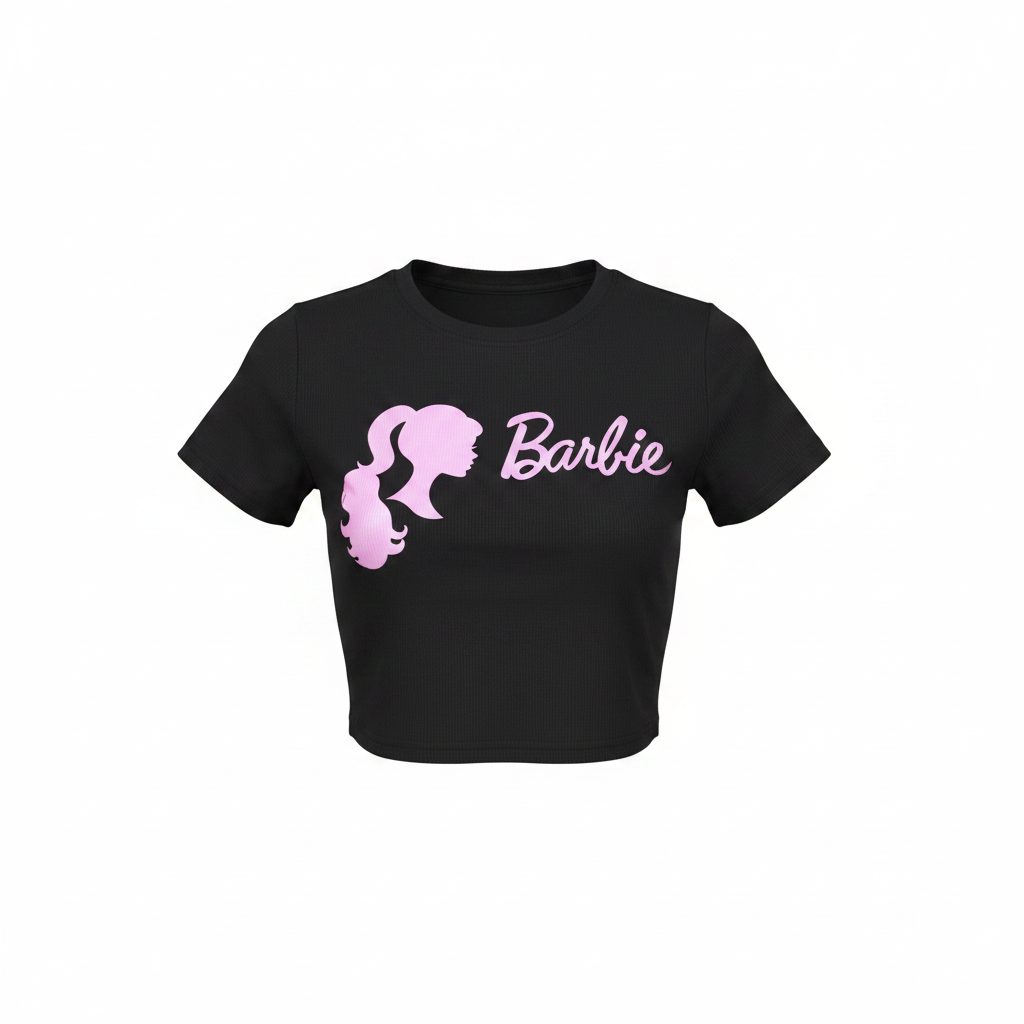 Women's black pink fashion doll silhouette cursive script crop tee - ghost mannequin front view