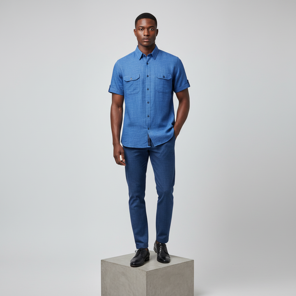 Nigerian male model wearing royal blue linen-texture short-sleeved shirt