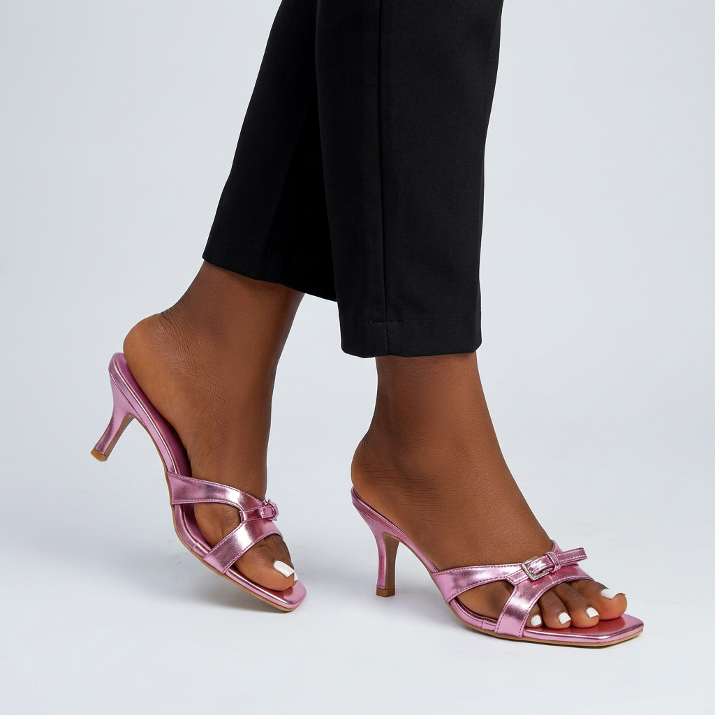 Both feet wearing metallic pink buckle-detail heeled mules in light grey studio