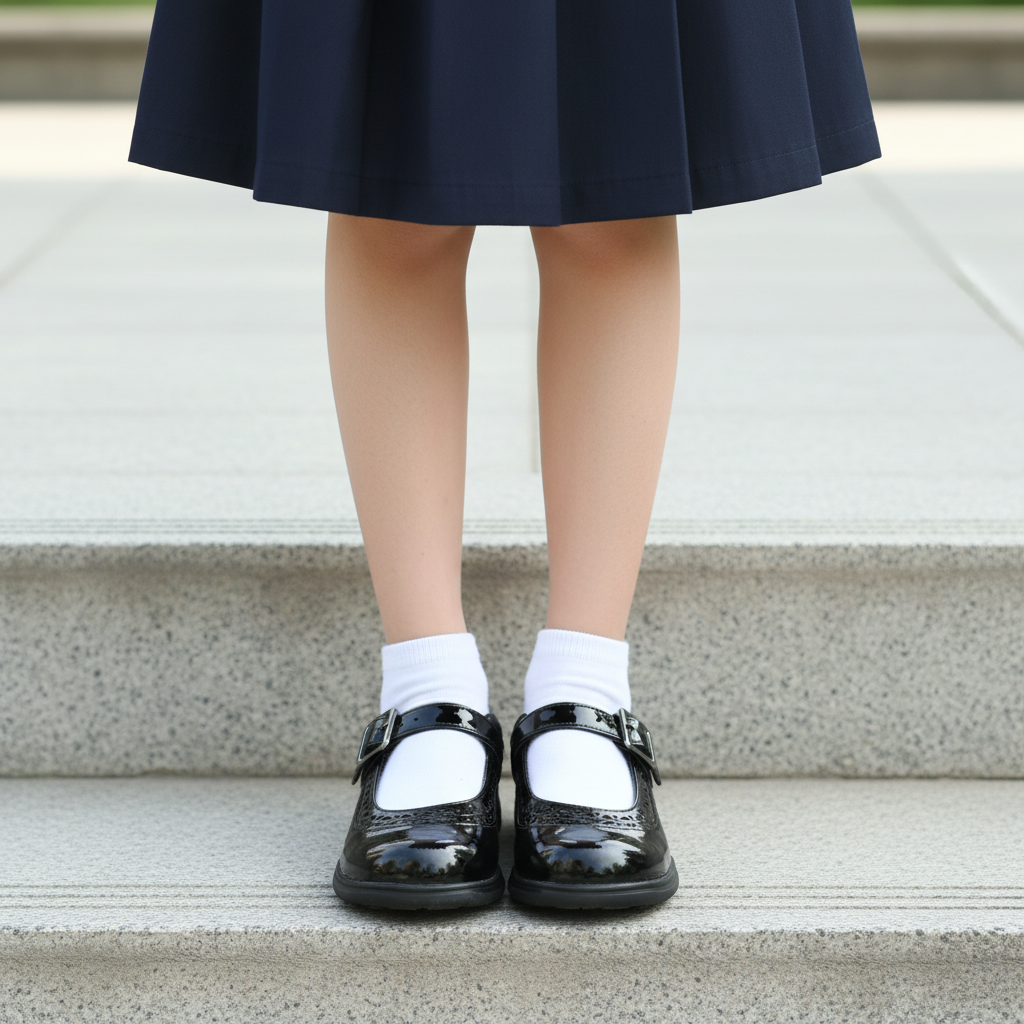 Leg focus shot of black patent school shoes with square buckle worn with white socks and navy skirt