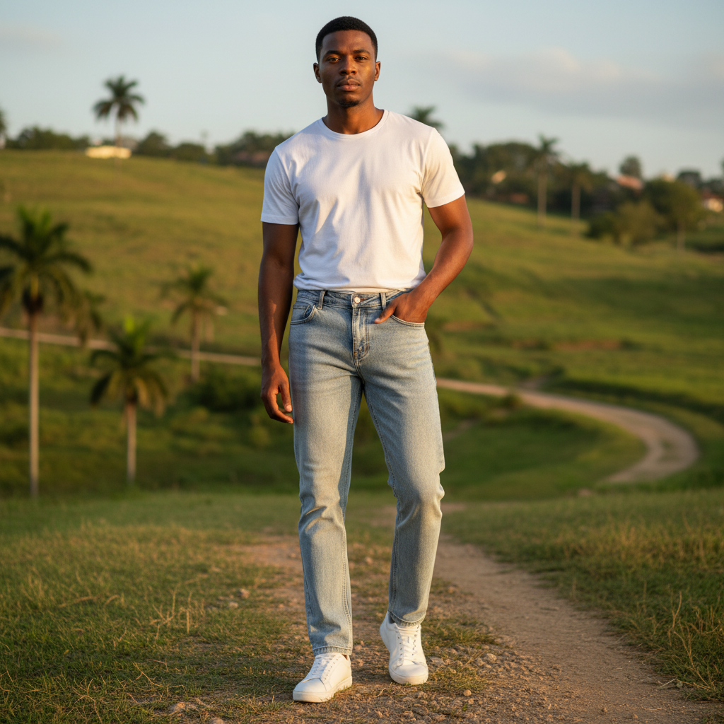 Nigerian model wearing Light Blue Acid Wash Straight Jeans