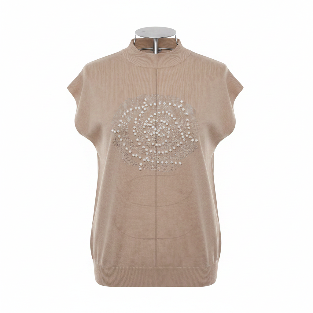 Ghost mannequin front view of beige pearl swirl embellished knit top