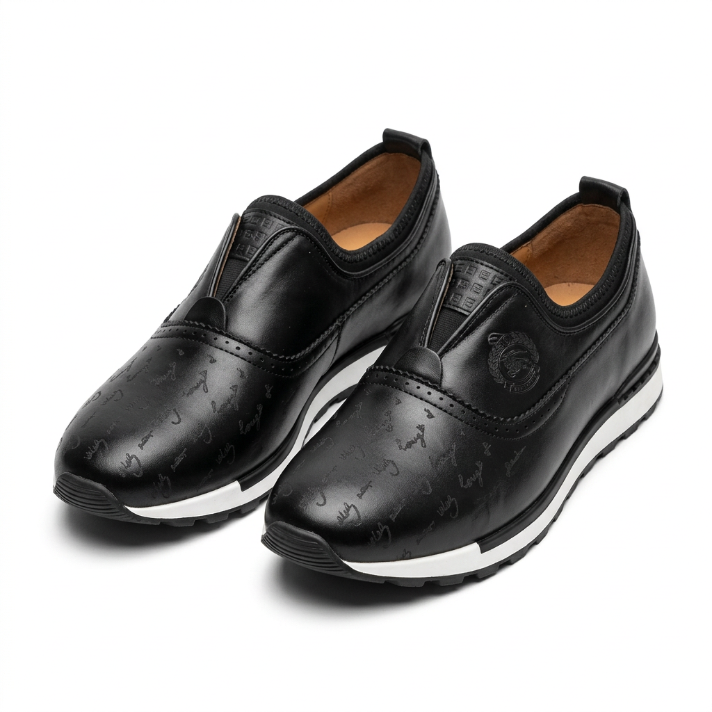 Pair of black tonal-pattern men's slip-on shoes with white soles on white