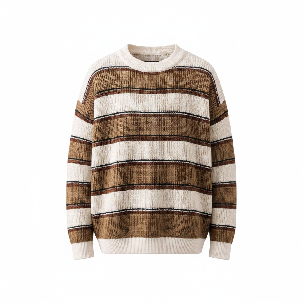 Men's cream brown stripe knit sweater ghost mannequin front view