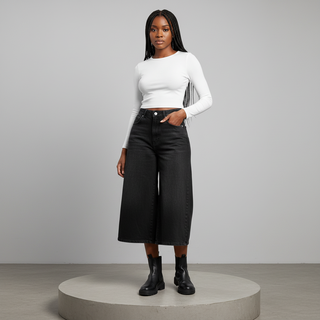 Black Washed Wide-Leg Denim Culottes - Model Front