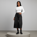 Black Washed Wide-Leg Denim Culottes - Model Front