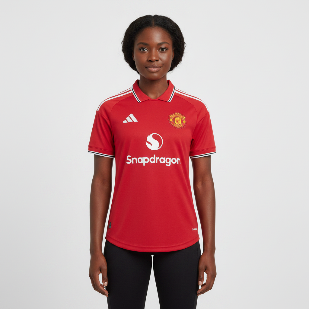 Nigerian female model wearing Manchester United home jersey