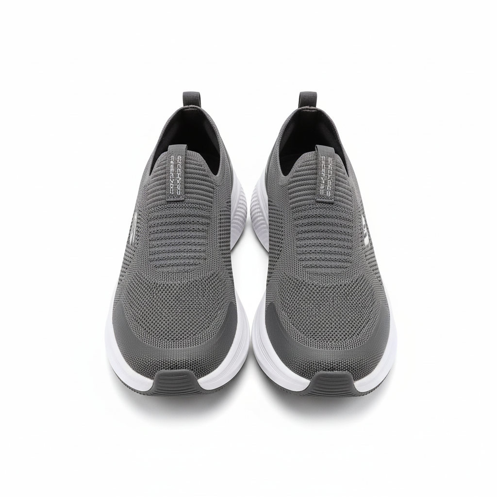 Charcoal grey knit slip-on sneakers with white chunky sole pair on white background