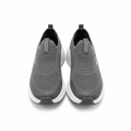 Charcoal grey knit slip-on sneakers with white chunky sole pair on white background