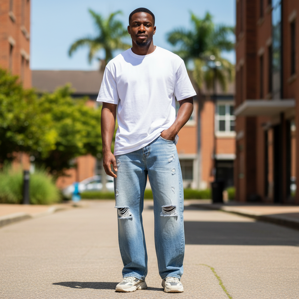 Nigerian model wearing Light Blue Washed Wide-Leg Heavily Distressed Multi-Rip Two-Tone Jeans