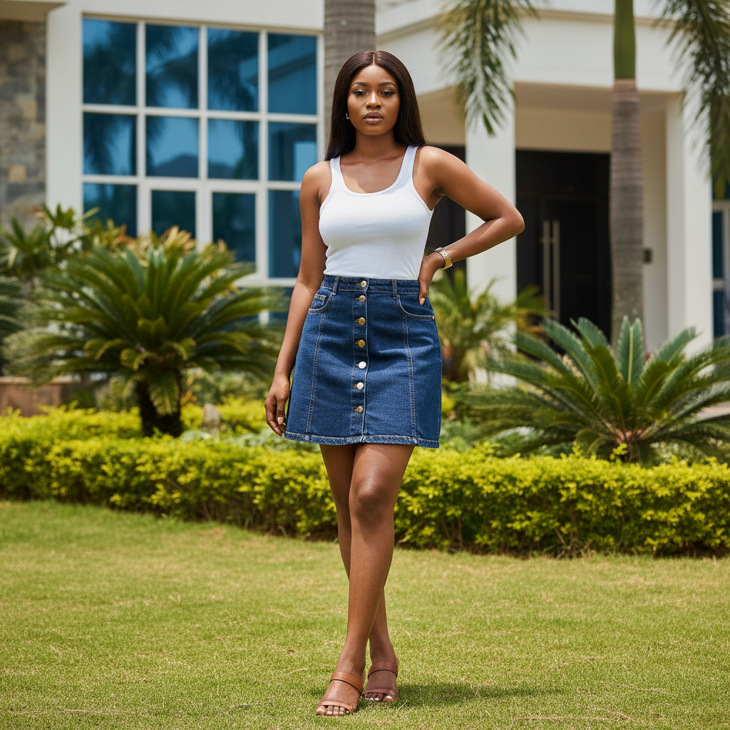 Model shot — Women's Dark Denim Button-Front Mini Skirt