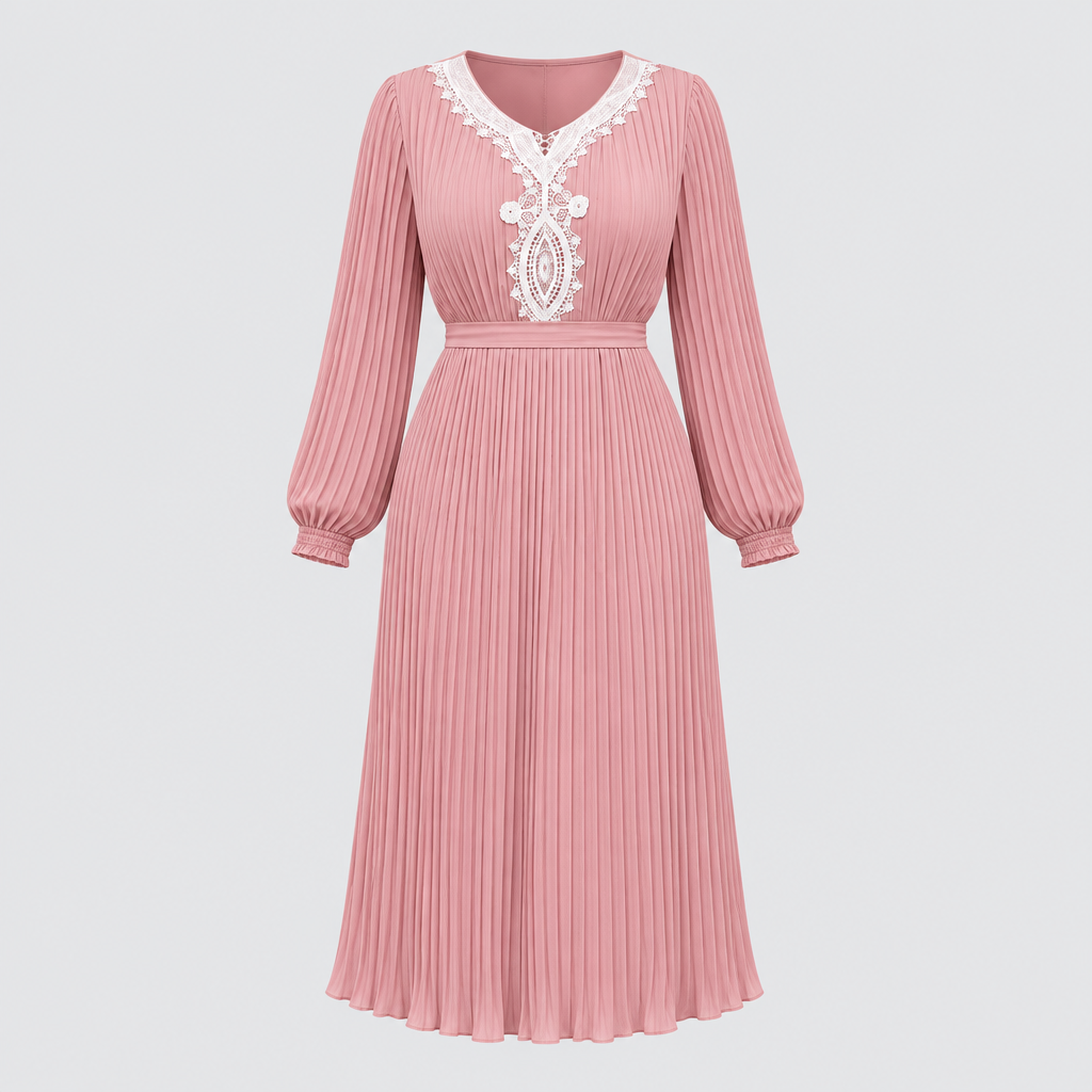 Women's dusty pink pleated midi dress with white lace detail shown on a ghost mannequin