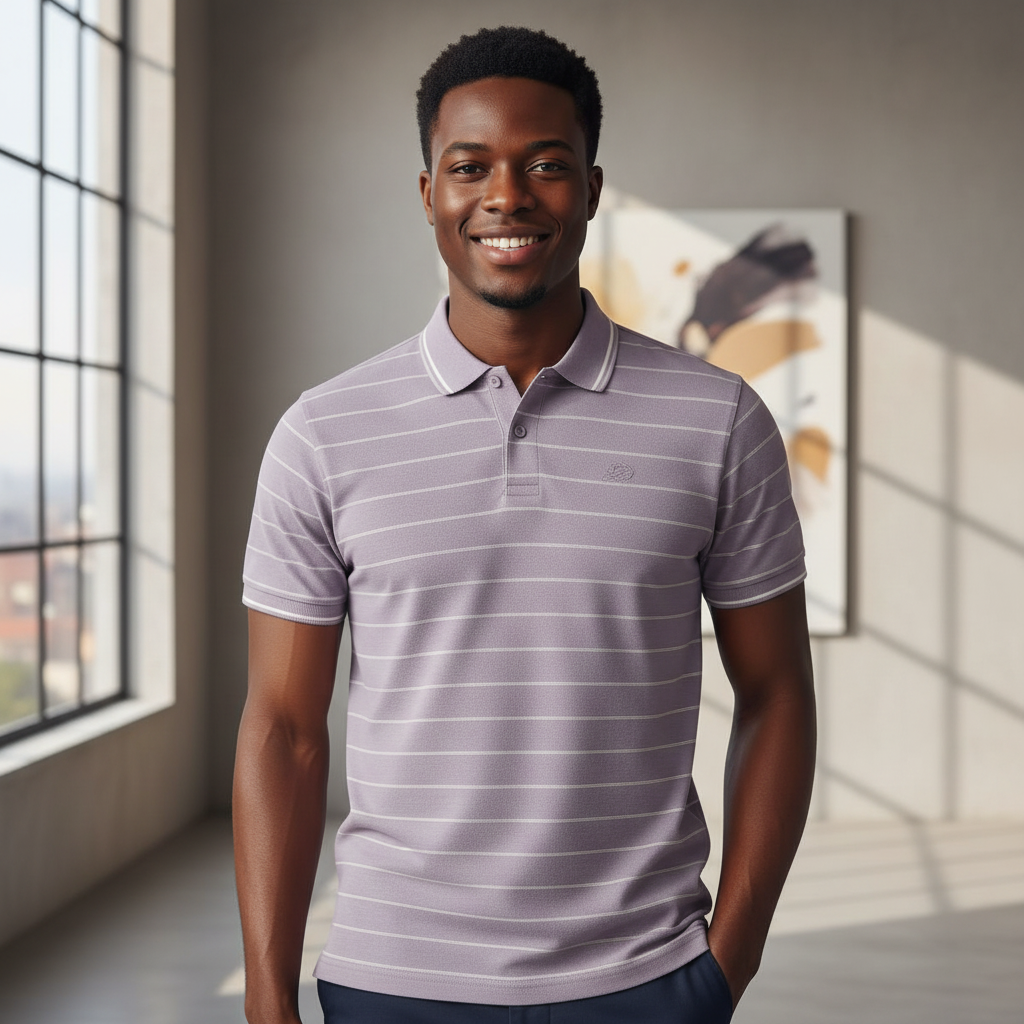 Lilac White Pinstripe Polo Shirt on Nigerian male model
