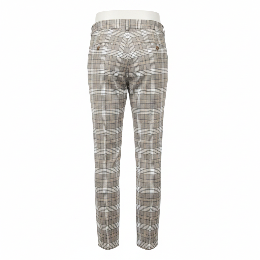 Beige Grey Plaid Trousers – Back Ghost Mannequin