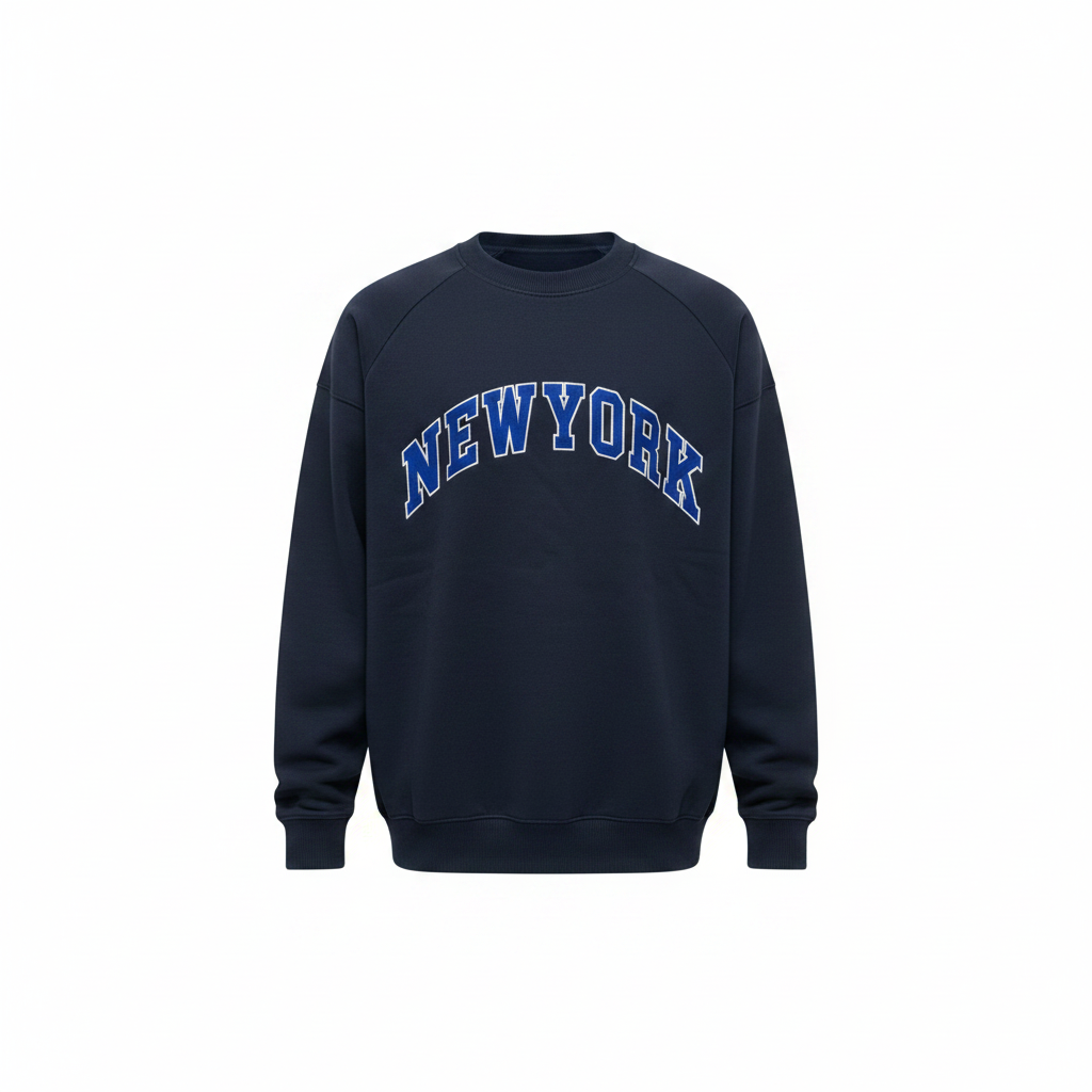 Navy blue oversized New York sweatshirt ghost mannequin view