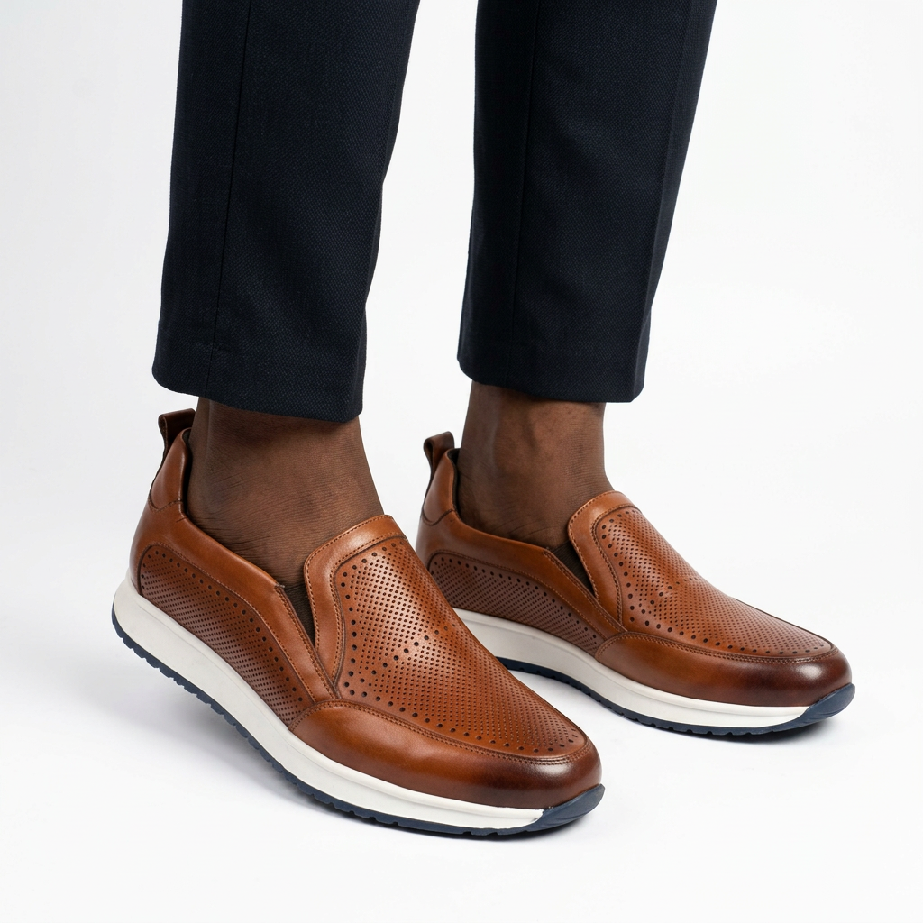Both cognac perforated slip-ons worn by a Black male model