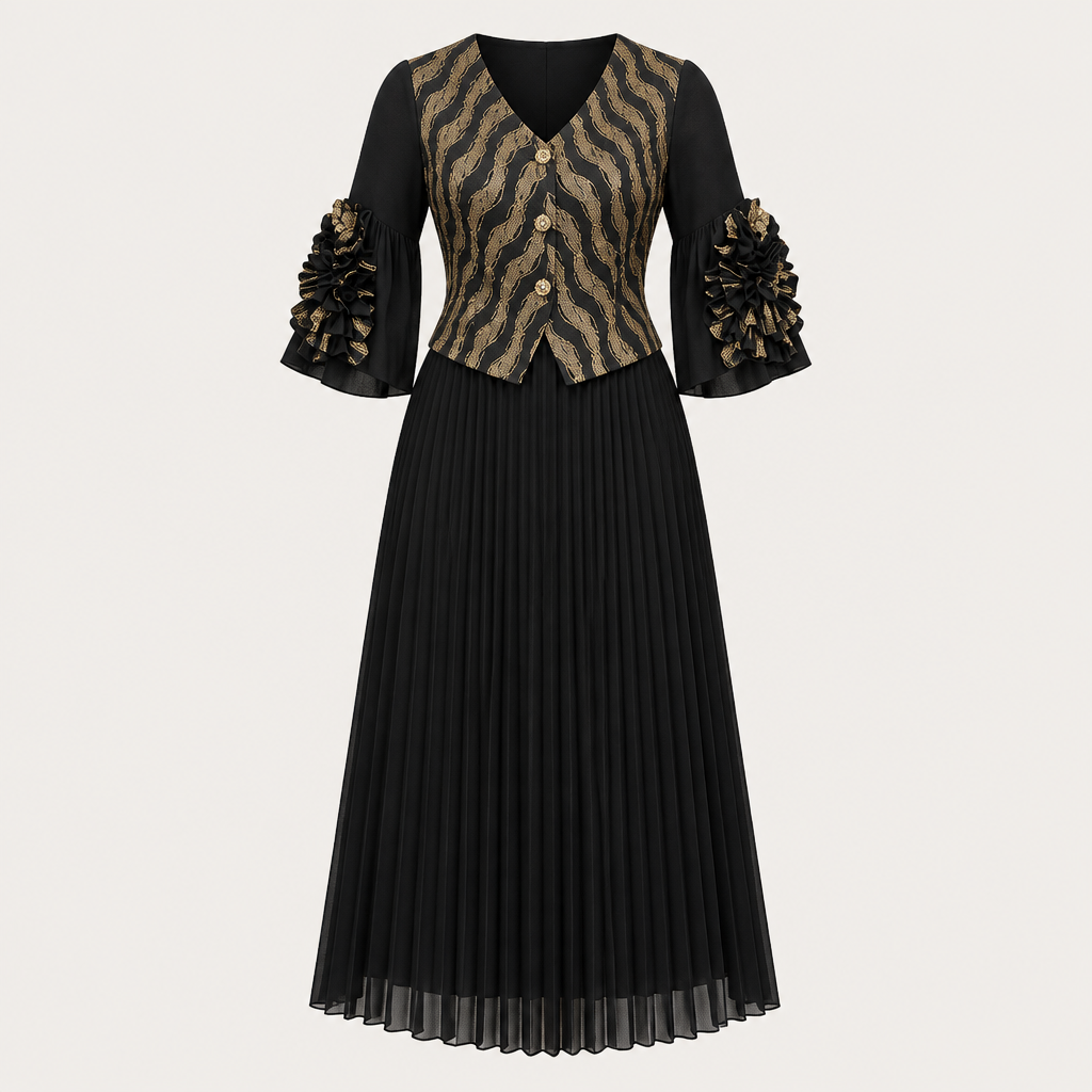 Black gold patterned pleated dress on invisible mannequin
