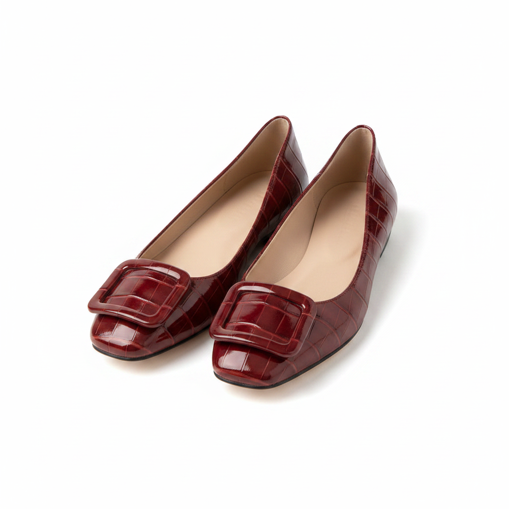 Women's burgundy croc-embossed flat pumps – ghost mannequin pair