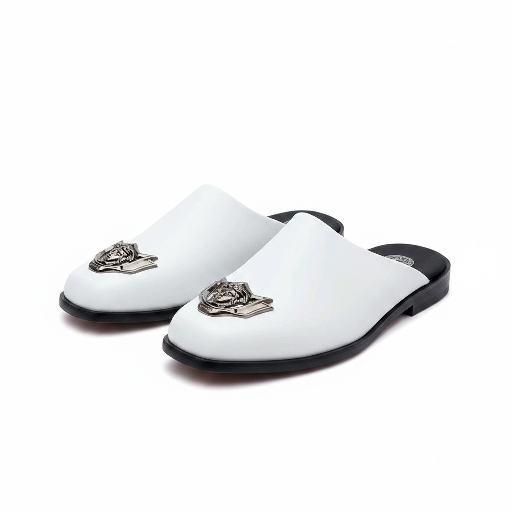 White leather lion badge half shoe mule ghost mannequin product shot, plain white background