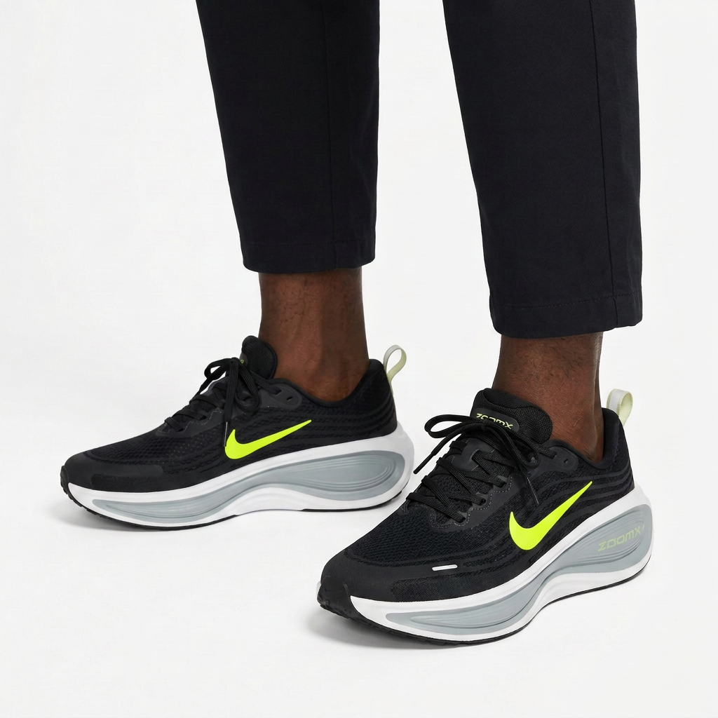 Black sneakers with lime side details worn properly on both feet