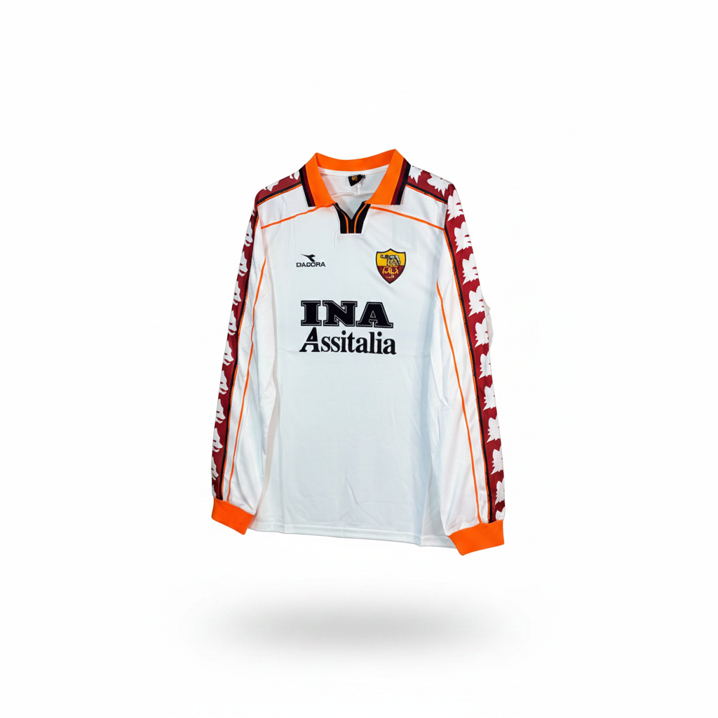 White and burgundy long-sleeve retro football jersey — ghost mannequin front view