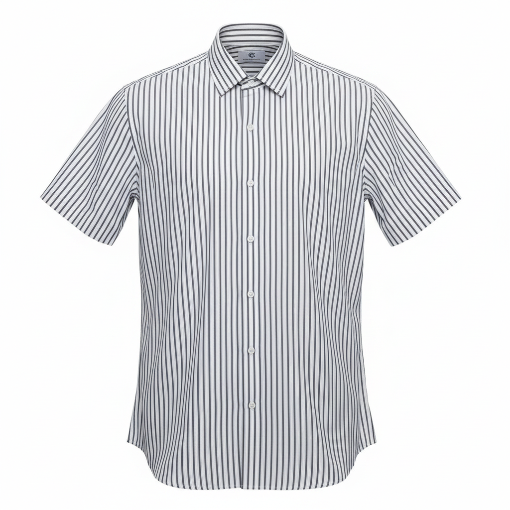 Ghost mannequin front view of white charcoal bold stripe short-sleeved shirt