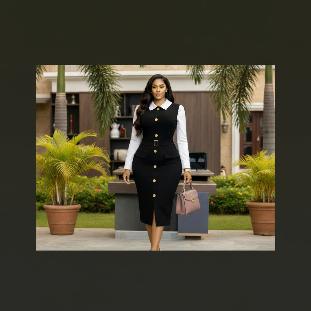 Women's Black Gold Button Pinafore Midi Dress – Nigerian Female Model Shot