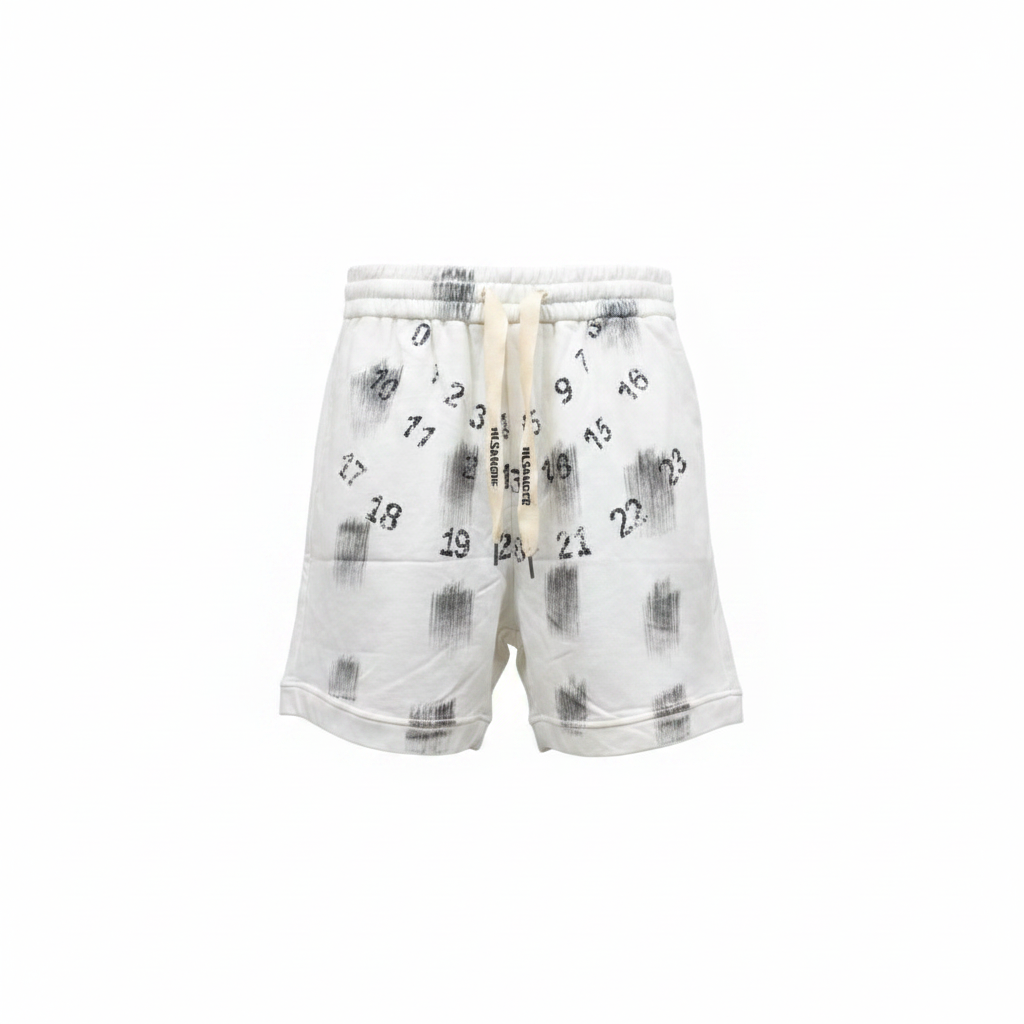 Men's off-white number print distressed sweat shorts — ghost mannequin front view