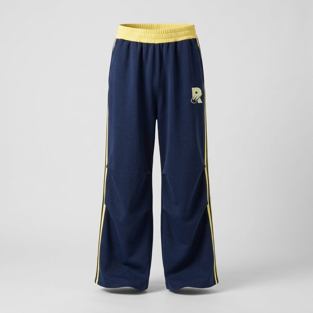Navy and yellow track trousers, ghost mannequin view