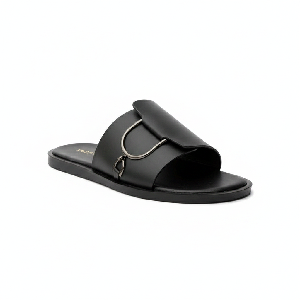 Black Leather D-Ring Slide Sandal - Ghost Mannequin