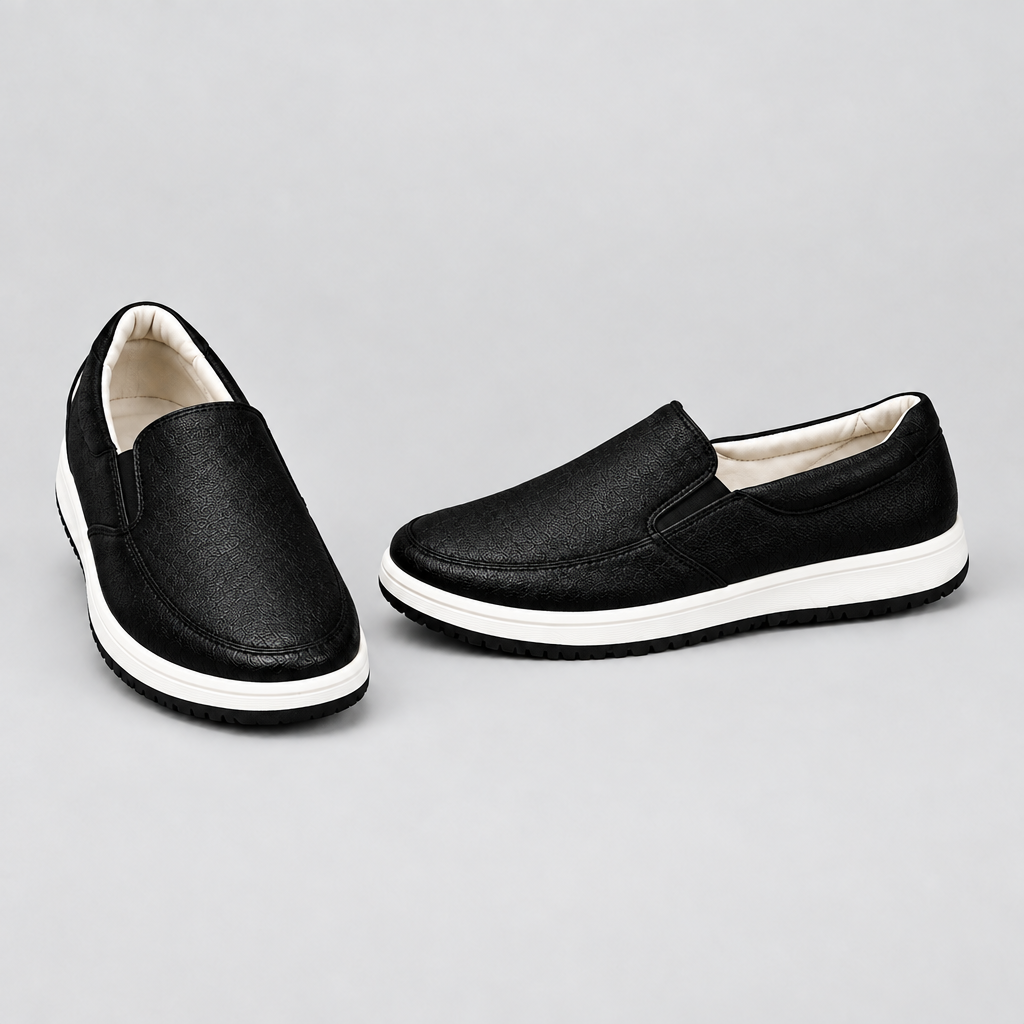 Men's black embossed slip-on sneakers, front and side view