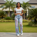 Women's cherry blossom embroidered ripped wide-leg jeans – female model front view