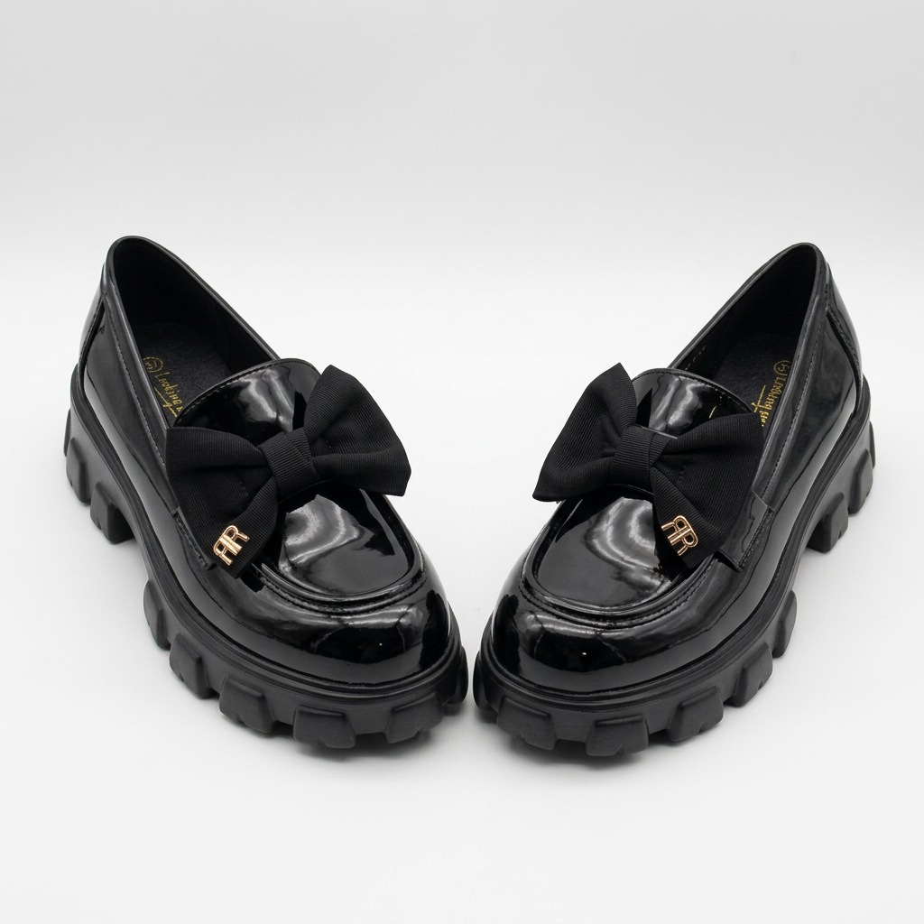 Complete pair of black glossy bow-detail chunky loafers on white