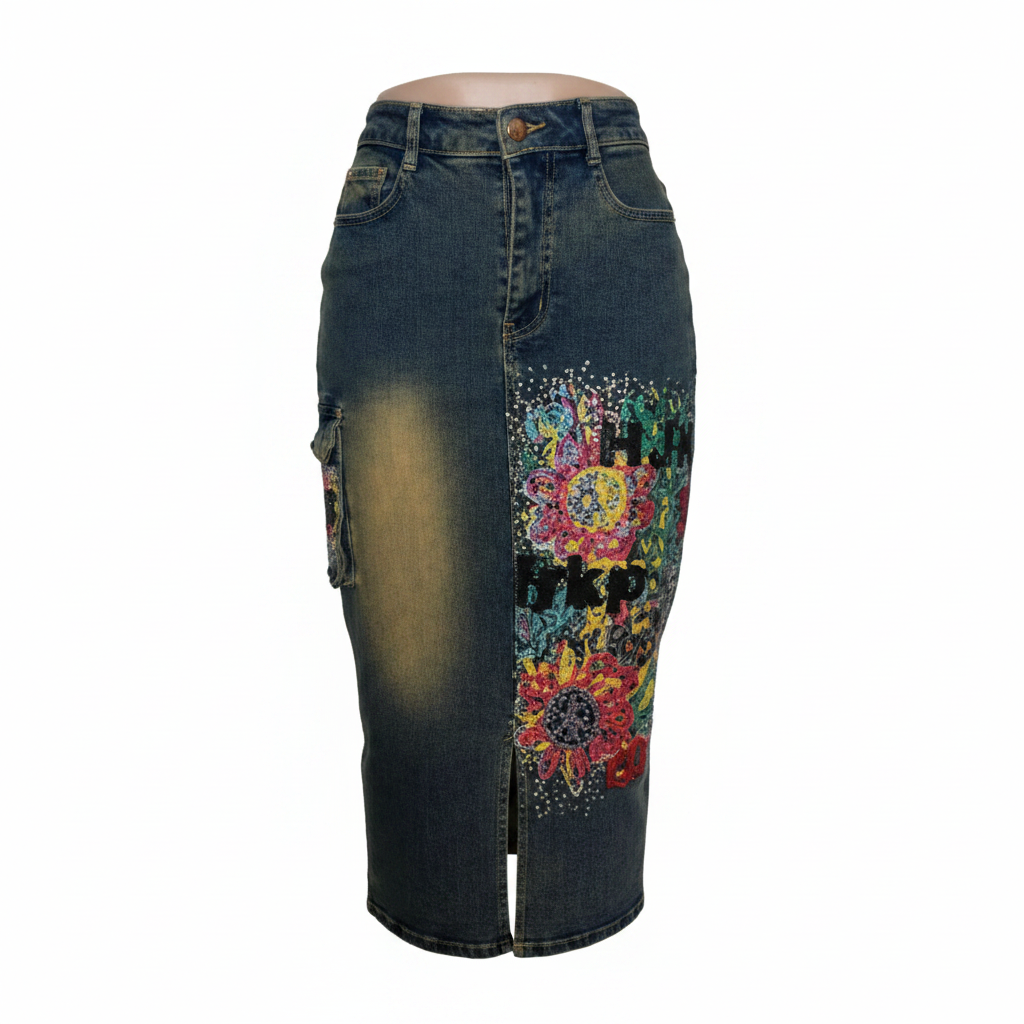 Ghost mannequin view of Women's Blue Denim Floral Embellished Midi Pencil Skirt